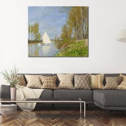 Handmade Canvas Art Claude Monet Painting Small Boat on Branch of The Seine at Argenteuil Village Landscape Artwork Decor