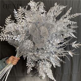 Dried Flowers Wedding Silver Series Leaves Material Stage Party Artificial Flower Row Christmas Theme Floral Arrangement Home Decor 230715