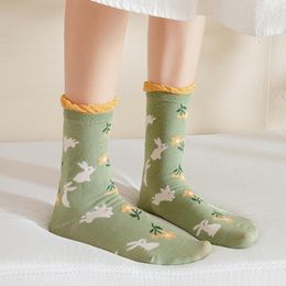 Women Socks Fashion Colourful Floral Print Cotton Crew Frilly Japanese Style Sweet Bubble Ruffle Trim Middle Tube