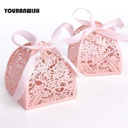 50pcs lot Ribbon Pyramid Laser Cut Wedding Favor Candy Gift Chocolate Box White Pink 211108303S