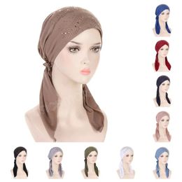 Diamond Solid Colour Elastic Long Tail Turban Hats Fashion Islamic Muslim Womens Wrapped Headscarf Cap Headwear