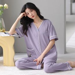 Women's Sleepwear Summer Women Modal V-neck Pijama Short Tops Long Pants Two Pieces Set Womens Pyjamas Female Nightwear