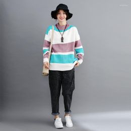 Women's Sweaters 2023 Large Size Autumn And Winter Loose Hooded Bottom Coat Striped Colour Long Sleeve High Collar Knit Sweater