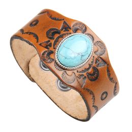 Vintage Men's Genuine Leather Cuff Width Bracelets Embossed Bangle With Turquoise Skull For Women Male Black Brown Gifts