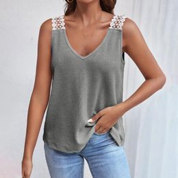 Women's Blouses Women Vest Hollow Out Lace Sleeveless V Neck Mid Length Solid Colour Pullover Soft Patchwork Lady Summer Top