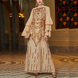 Ethnic Clothing Golden Multi-Layer Ruffle Long Sleeve Middle East Kaftan Embroidery Robe Abaya Dress