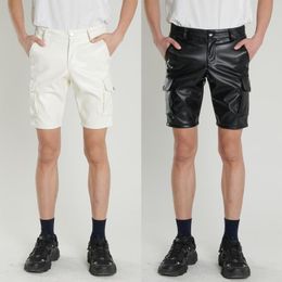 Men's Shorts Idopy Motorcycle Faux Leather Pants Stretchy Male Summer Biker Riding PU Cargo Multi-pockets Men Clothing