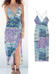 Basic Casual Dresses TRAF Summer Women Print Camisole Dress 2023 Beach Holiday Style Deep V Neck Sleeveless Bohemian Side Slit Sheath Long 230715