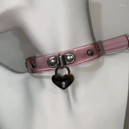 Choker Pink Leather Love Heart Lock Necklace For Women Sweet Cool Girly 90s Aesthetics Y2k Accessories Vintage Trendy Jewellery