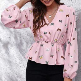 Women's Blouses Chiffon Shirt Casual Print Blouse Women Fashion V-Neck Long Sleeve Collect Waist Design Shirts Ladies Elegant Top