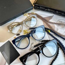 Sunglasses 2023 New High Quality 23 year new CH3444 small fragrant wind round pearl chain pendant flat lens myopia glasses frame anti blue light