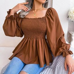 Women's Polos Casual Square Neck Solid Color Long Sleeve Chiffon Shirt 2023 Women Spring Summer Wooden Ears Tops For Fashion