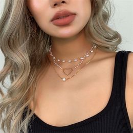 Chains Vintage Heart Pearl Multilayer Necklaces For Women Gold Colour Silver Chain Metal Choker 2023 Fashion Trendy Jewellery