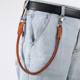 Keychains Lanyards Waist Leather Biker Chain Brown Colour Rock Punk Trousers Jean Motorcycle Men Jewellery Cross Braid Pants Chains Hip Hop Keychain 230715