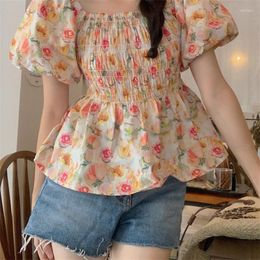 Women's Blouses HSA 2023 Summer Off-shoulder Chiffon Blouse Women Elastic Printed Floral Puff Sleeve Top Sexy Slash Neck Casual Clothing