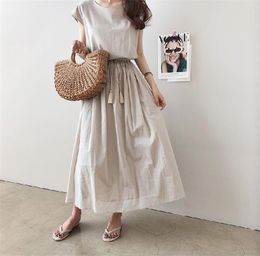 Casual Dresses Women's Dress 2023 Summer Thin Cotton Linen Loose Short Sleeve O-neck Maxi Long Slim Drawstring Waist Robe