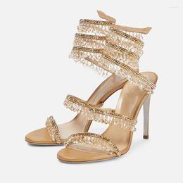 Sandals Summer Crystal Pendant Snake Wrapped Rhinestone Tassel Slim High Heel Party Dress Versatile Large Women's Shoes