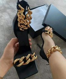 Luxury Genuine Leather Chain 9.5CM High heeled sandals Gladiator Women Fine heel Top quality Fashion sexy party woman shoes Slippers big size 35-42 BOX