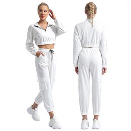 Women's Two Piece Pants Women Casual Sport Suits Tracksuits Running Fitness Long Sleeve Cropped Top High Waist Set Workout Clothes