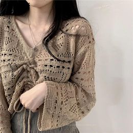 Dresses Pullover Women Hollow Out Design Sexy Tops Autumn Woman Korean Fashion New Streetwear Allmatch Loose Khaki Vneck Simple Chic