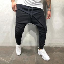 Men's Pants Fashion Harem Solid Colour Drawstring Asymmetric Double Layer Jogging Trousers Male Clothing Hip Hop Streetwear