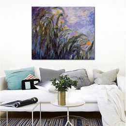 Canvas Art Impressionist Yellow Irises Claude Monet Landscape Painting Handmade Romantic Home Decor