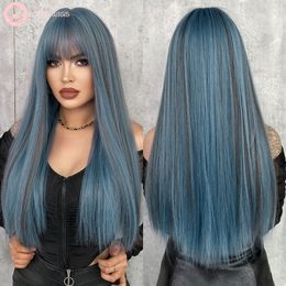 Synthetic Wigs 7JHH WIGS Highlight Blue Wig for Woman Daily Party Long Straight Hair Wigs with Bangs Natural Synthetic Wig Heat Resistant 230715