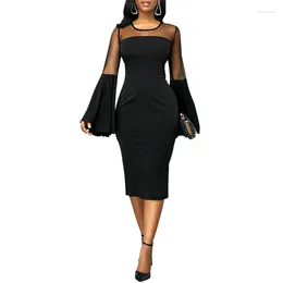 Casual Dresses Party For 2023 Elegant Sexy Mesh Stitching Evening Dress Women Chic O Neck Long Flare Sleeve Slim Bodycon Vestido