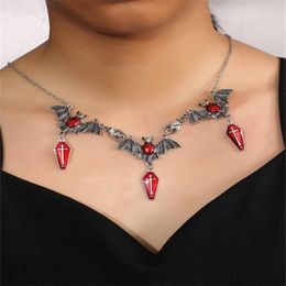 Choker Gothic Vampire Bat Coffin Cross Necklace Bloody Red Crystals Fashion Punk Vintage Metal Pendant Jewellery For Women Party Gifts