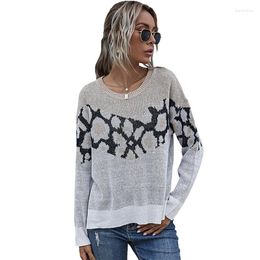 Women's Sweaters Women Long Sleeve O-Neck Sweater Leopard Print Patchwork Loose Pullover Tops Side Split High Low Hem Knitwear Jumper Top