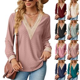 2023 Autumn Women's New Lace Stitching V -neck Loose Long -sleeved T -shirt