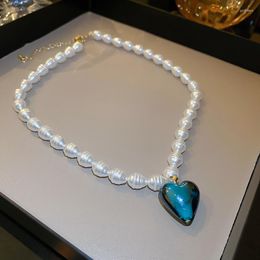 Chains Lovelink Luxury Shiny Women's White Pearl Metal Necklace Blue Resin Heart Shape Pendant Chain Adjustable Girl Jewellery