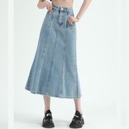 Skirts Korean Style Bodycon Fishtail For Women Fashion Denim Maxi Long Skirt 2023 High Waisted Ruffles Midi