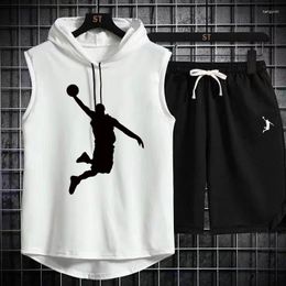 Men's Tracksuits Summer Mens Muscle Hoodie Vest Sleeveless Bodybuilding Gym Workout Fitness Shirt High Quality Hip Hop Sweatshirt Suit