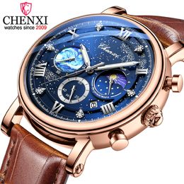 CHENXI New Luxury Chronograph Watch for Men Leather Strap Sport WristWatches Calendar Mens Waterproof Luminous Pointer Watches