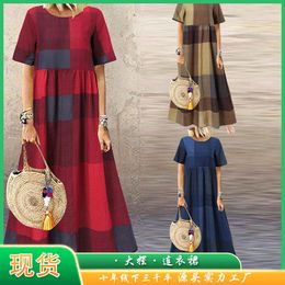 Ethnic Clothing Women Dress Summer Large Size National Style Retro Small Fresh Plaid O-neck Short Sleeved Loose Muslim Abayas