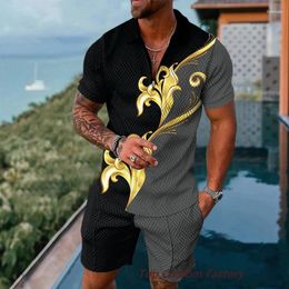 Men's Tracksuits Retro Polo Shirt 2 Piece Suit Hawaii Man Casual Short Sleeved Summer Gold Pattern Tracksuit Luxury Lapel Zipper Set