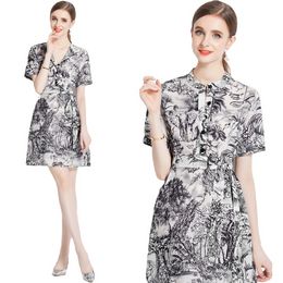 2023 Luxury Floral Printed Runway Dress Summer Fashion Short Sleeve Office Lapel Slim Elegant A-Line Pleated Women Designer Dresses Autumn Chic Party Evening Frock