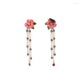 Backs Earrings European And American Fashion Pink Flowers Blooming Butterfly Tassels Long Without Ear Holes Clip