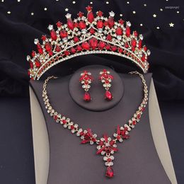 Necklace Earrings Set Red Crystal Bridal For Women Luxury Tiaras Earring Wedding Birthday Crown Bride Dubai Jewelry