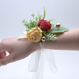 Boutonniere Wrist Corsage Wedding Bridesmaid Bracelet Silk Rose Flower Party Prom Girl Wrist Corsage Wedding Boutonniere pink wrist corsage