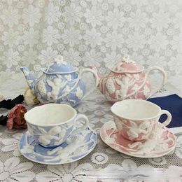 European Style Cup Saucer Luxurious Embossed Lovely Ceramic Afternoon Tea Teapot Simple High-end Coffee Set243J