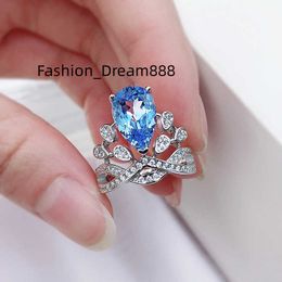 Wedding Rings A Butterfly 925 Sterling Silver Crown Luxury Pear Cut Simulation Moissanite Aqumarine Diamond Wedding Ring Fine Jewellery