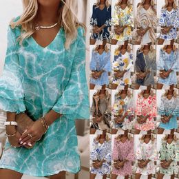 Basic Casual Dresses Summer Marble Print Dres Elegant V Neck 3 4 Flare Sleeve Knee Length Mini Ladies A Line Boho Beach Vestidos 230715