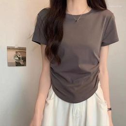 Women's T Shirts Summer Solid Colour Slim-fit 100 Match Right Shoulder Short Sleeve T-shirt Leggings O-collar Top Pure Cotton