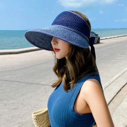 Wide Brim Hats 2023 Fashionable Foldable Summer Women's Sun Hat Bucket Solid Colour Lace Bow Ribbon Empty Top Panama Straw Beach Cap