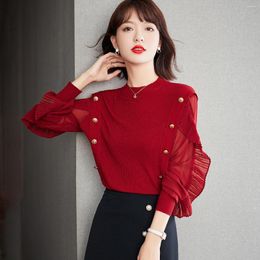 Women's Sweaters Autumn Red Knitted Sweater Ruffled Sleeve Woman Lantern Tops