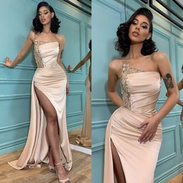 Fashion Champagne Prom Dresses Strapless Evening Gowns Beading Pleats Slit Formal Red Carpet Long Special Occasion Party dress