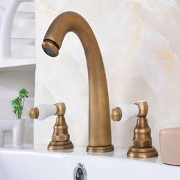 Bathroom Sink Faucets Vintage Retro Antique Brass Deck Mounted Dual Handles Widespread 3 Holes Basin Faucet Mixer Water Taps Aan078