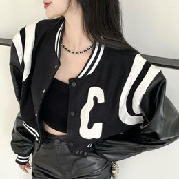 Women's Jackets Streetwear Black PU Leather Stitching Sleeve Baseball Female Jacket Harajuku 90s Vintage Embroidery Punk Cool Casual Short